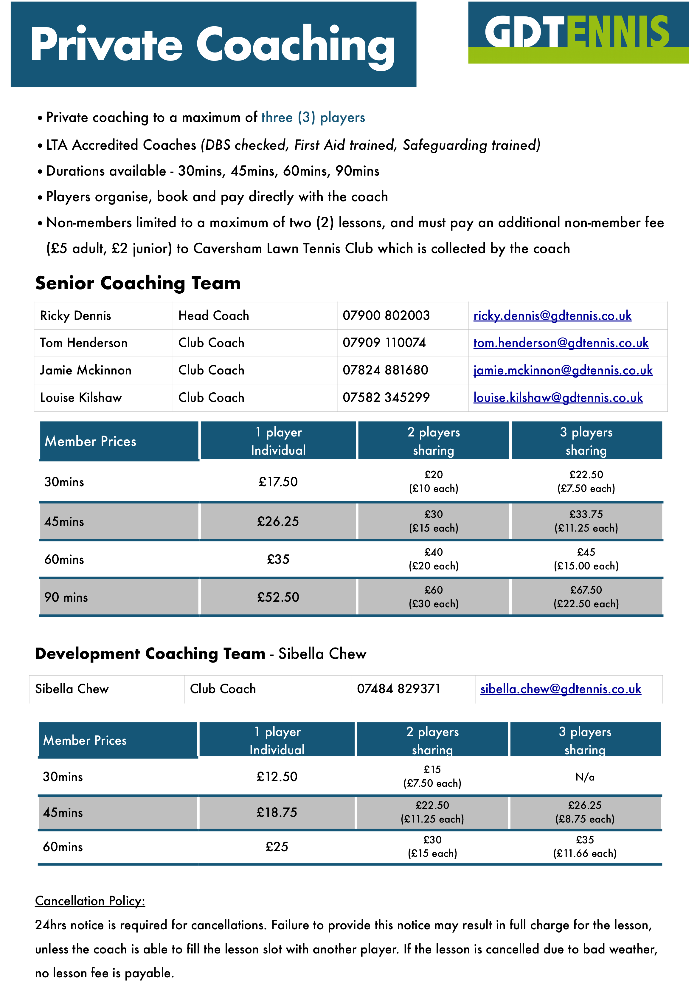 Coach contacts and rates
