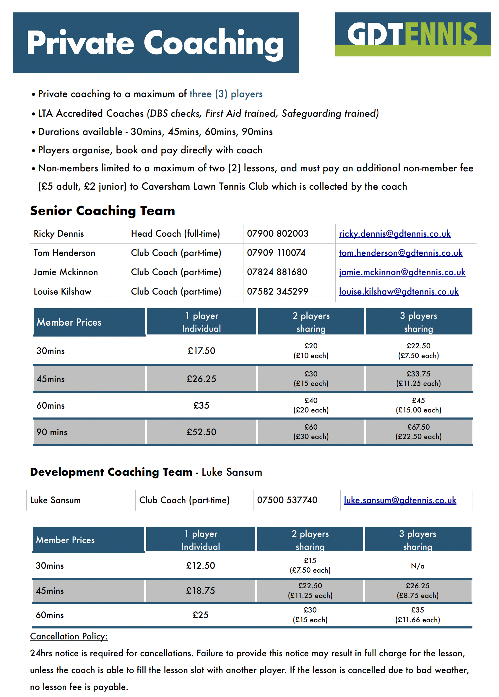 Coach contacts and rates